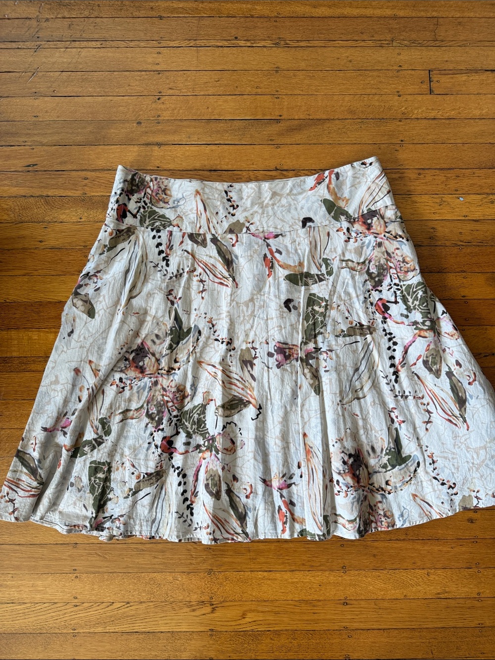 Coldwater Creek Floral A-Line Skirt in White with Green and Pink Accents